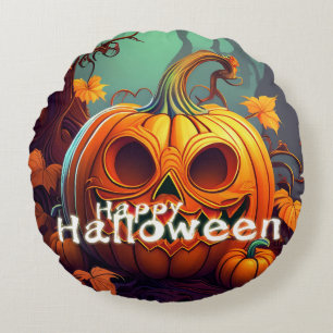 Gruselige orange Halloween-Kürbis mit Gesicht Rundes Kissen