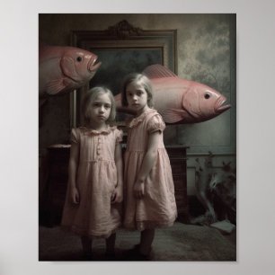 Gruselige rosa Fisch-Zwillinge Horror Poster