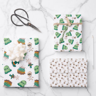 Gruselige Schädel und Grabsteine Halloween Geschenkpapier Set
