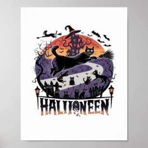 Gruselige schwarze Halloween-Katze Nacht – Vintage Poster