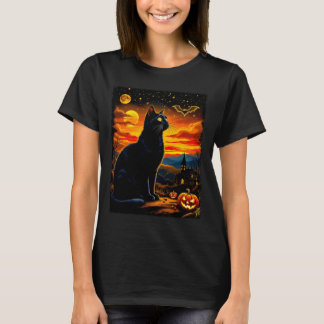 Gruselige schwarze Katze Halloween-Kürbisfeld-Part T-Shirt