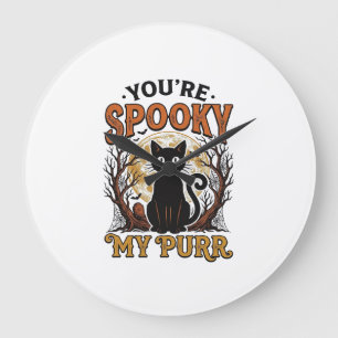 Gruselige schwarze Katze Pun Halloween Vintage Gra Große Wanduhr