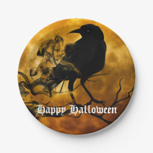 Gruselige Schwarze Raben Vollmond Halloween Party Pappteller