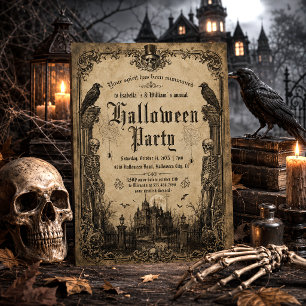 Gruselige Skelette Raben Spukhaus Halloween Einladung
