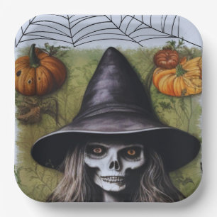 Gruselige Skeletthexe für eine unheimliche Hallowe Pappteller