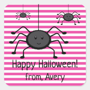 Gruselige Spinnen rosa Streifen Halloween-Aufklebe Quadratischer Aufkleber
