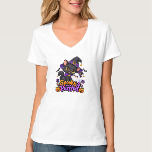 Gruselige und süße schwarze Halloween-Katze mit V- T-Shirt