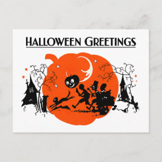 Gruselige Vintage-Art-Deco-Schwarzkatze-Halloween- Postkarte