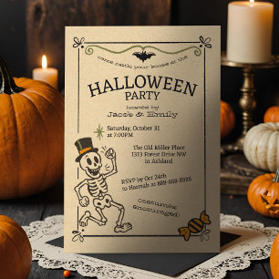 Gruselige Vintage-Halloween-Party Retro-Skelett Einladung