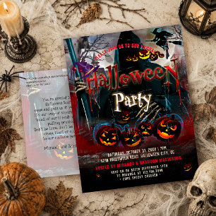 Gruselige Vintage-Kürbisse Hexe Halloween-Einladun Postkarte