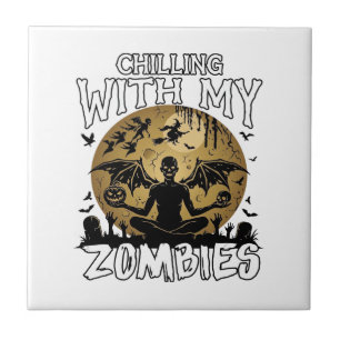 Gruselige Zombies Halloween Geflügelter Dämon Mond Fliese