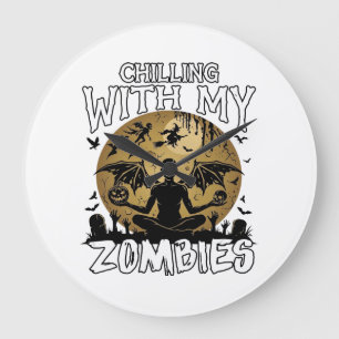 Gruselige Zombies Halloween Geflügelter Dämon Mond Große Wanduhr