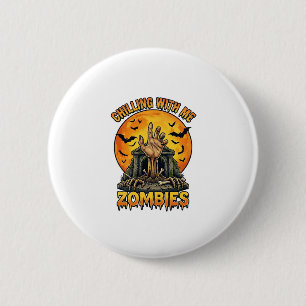 Gruselige Zombies Hand Grabstein Vollmond Fledermä Button