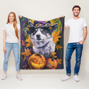 Gruseliger Akita Halloween Hexe und Kürbis Fleecedecke
