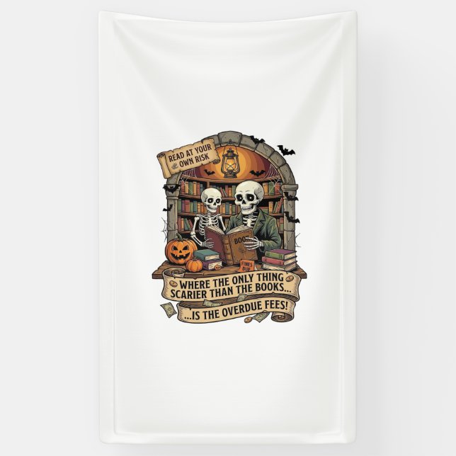 Gruseliger als Bücher Überfällige Gebühren Skelett Banner (Vertikal)