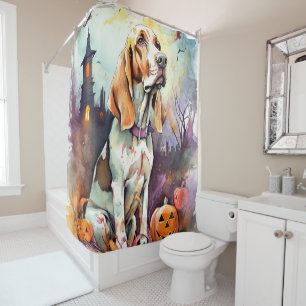 Gruseliger Basset Hound mit Kürbissen Halloween  Duschvorhang