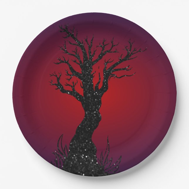 Gruseliger Baum Glitter Halloween Pappteller (Vorderseite)