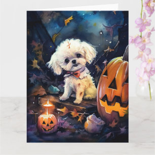 Gruseliger Bichon Frise mit Kürbissen Halloween Karte