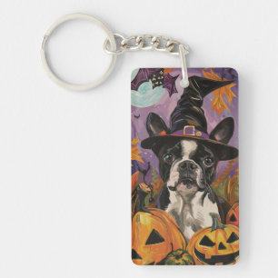Gruseliger Boston Terrier Halloween Hexe und Kürbi Schlüsselanhänger