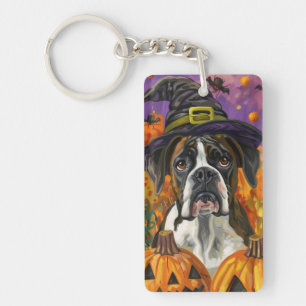 Gruseliger Boxer Halloween Hexe und Kürbis Schlüsselanhänger