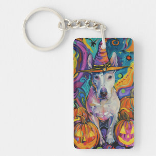Gruseliger Bull Terrier Halloween Hexe und Kürbis Schlüsselanhänger