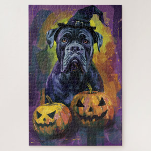 Gruseliger Bullmastiff-Hund Halloween-Hexe und Kür