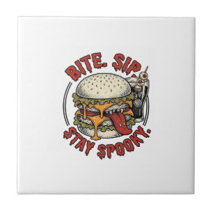 Gruseliger Burger-Shirt Vintage-Gravur Halloween G Fliese