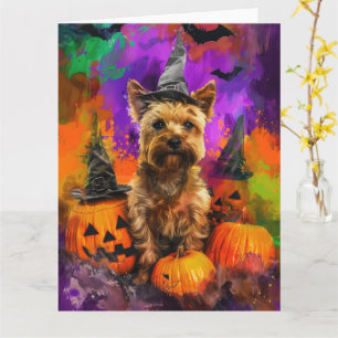 Gruseliger Cairn Terrier Hund Halloween Hexe Kürbi Karte