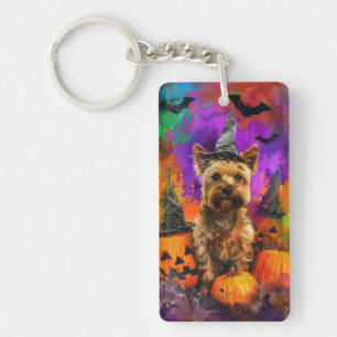 Gruseliger Cairn Terrier Hund Halloween Hexe Kürbi Schlüsselanhänger