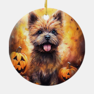 Gruseliger Cairn Terrier mit Kürbissen Halloween  Keramik Ornament