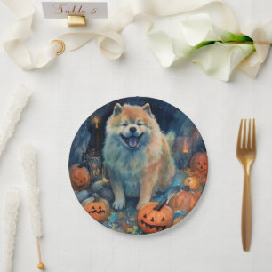 Gruseliger Chow Chow mit Kürbissen Halloween  Pappteller