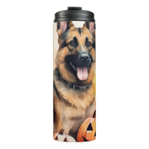 Gruseliger Deutscher Schäferhund mit Kürbissen Hal Thermosbecher