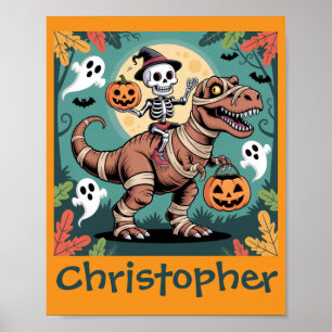 Gruseliger Dino-Reiter – Skelett auf Mumien-T-Rex Poster