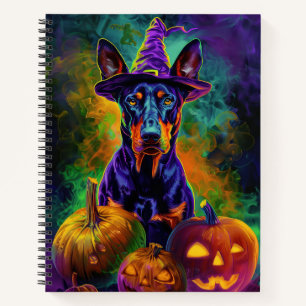 Gruseliger Dobermann-Hund Halloween-Hexe und Kürbi Notizbuch