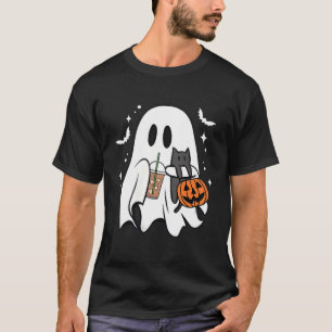 Gruseliger Geist hält schwarze Katze Halloween-Eis T-Shirt