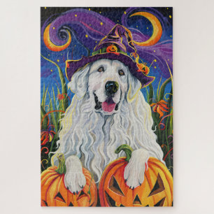 Gruseliger großer Pyrenäen-Hund Halloween-Hexe Kür
