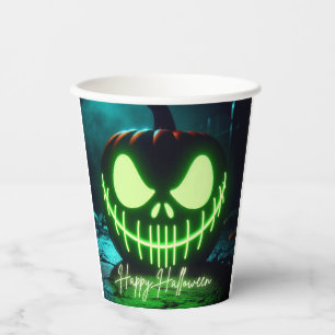 Gruseliger grün leuchtender Halloween-Kürbis Pappbecher