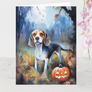 Gruseliger Halloween-Beagle mit Kürbissen Karte