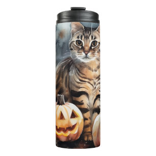 Gruseliger Halloween Bengal-Kater mit Kürbissen Thermosbecher