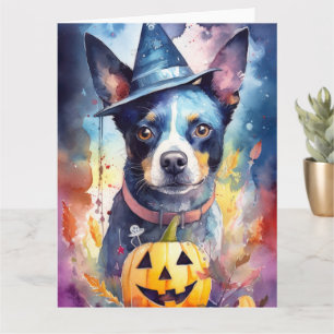 Gruseliger Halloween Blue Heeler mit Kürbissen Karte