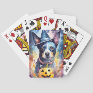 Gruseliger Halloween Blue Heeler mit Kürbissen Spielkarten