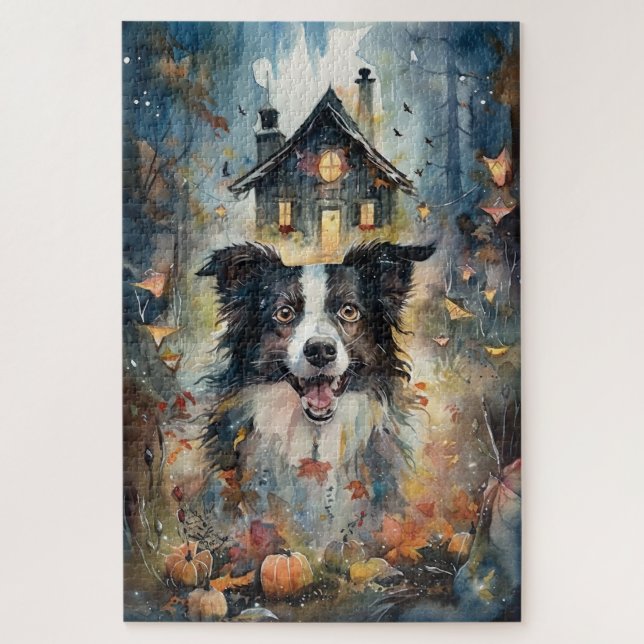 Gruseliger Halloween Border Collie mit Kürbissen (Vertikal)