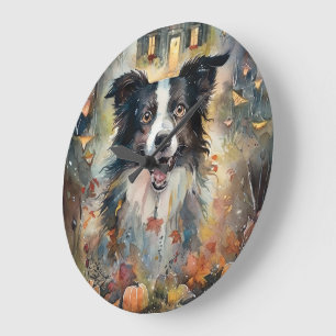 Gruseliger Halloween Border Collie mit Kürbissen Große Wanduhr