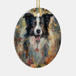 Gruseliger Halloween Border Collie mit Kürbissen Keramik Ornament