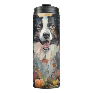 Gruseliger Halloween Border Collie mit Kürbissen Thermosbecher