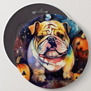 Gruseliger Halloween-Bulldog mit Kürbissen Button
