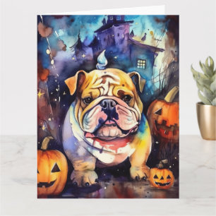 Gruseliger Halloween Bulldog mit Kürbissen Karte