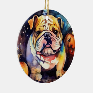 Gruseliger Halloween-Bulldog mit Kürbissen Keramik Ornament