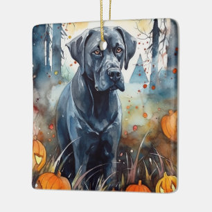 Gruseliger Halloween Cane Corso mit Kürbissen Keramikornament