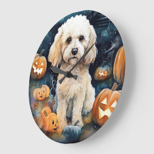 Gruseliger Halloween-Cockapoo mit Kürbissen  Große Wanduhr